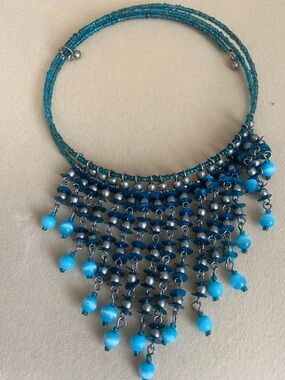 Blue Beaded Fringe Statement Necklace - Unbranded